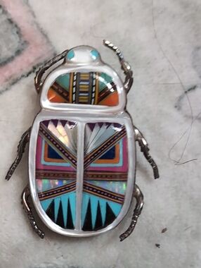 Colorful Inlay Sterling Silver Scarab Beetle Pendant